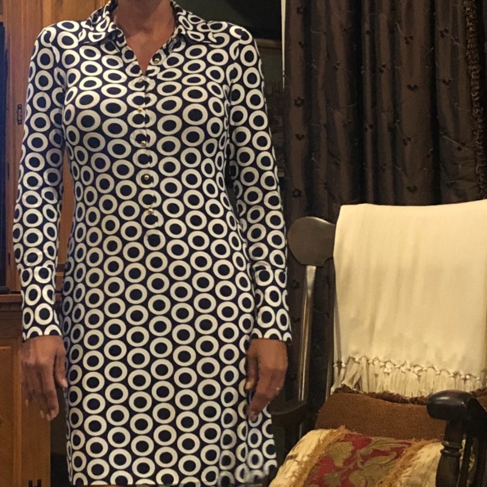 INC Navy & White Polka Dot Collared Long Sleeve Dress, Size Medium